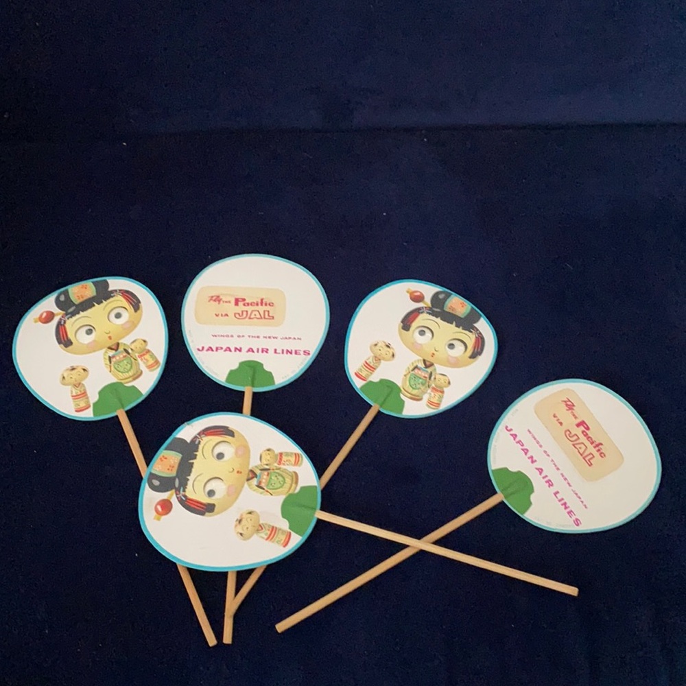 Vintage hand fans with google eyes from Japan airlines. *Made in Japan